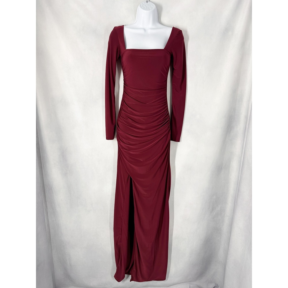 Club L London My Pleasure Long Sleeve Burgundy Slit Maxi Dress Women's Size 4